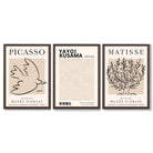 Set of 3 Picasso,Matisse and Yayoi Kusama Neutral Beige Framed Wall Art with Dark Wood Frames