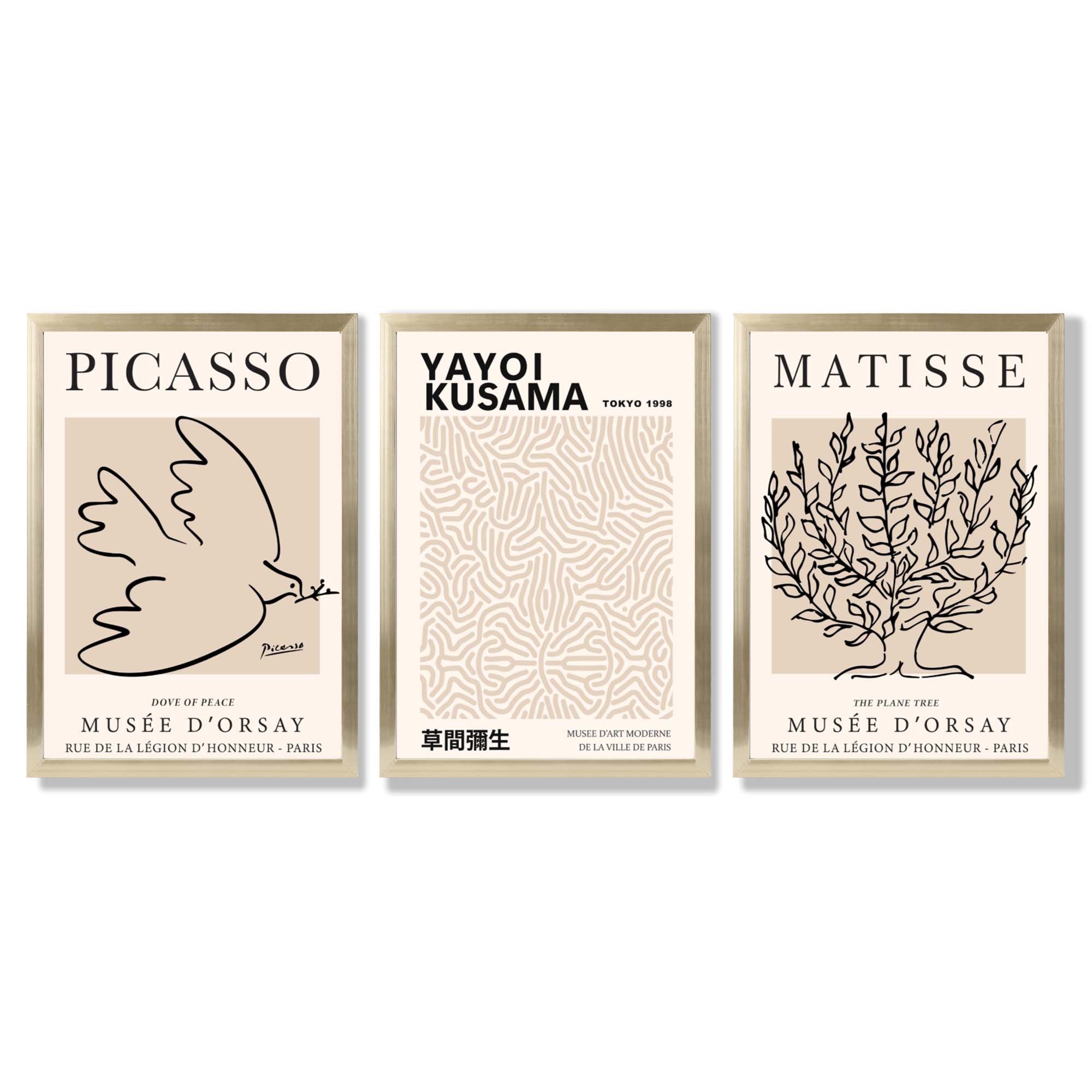 Set of 3 Picasso,Matisse and Yayoi Kusama Neutral Beige Framed Wall Art with Gold Wood Frames