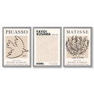 Set of 3 Picasso,Matisse and Yayoi Kusama Neutral Beige Framed Wall Art with Light Grey Wooden Frames