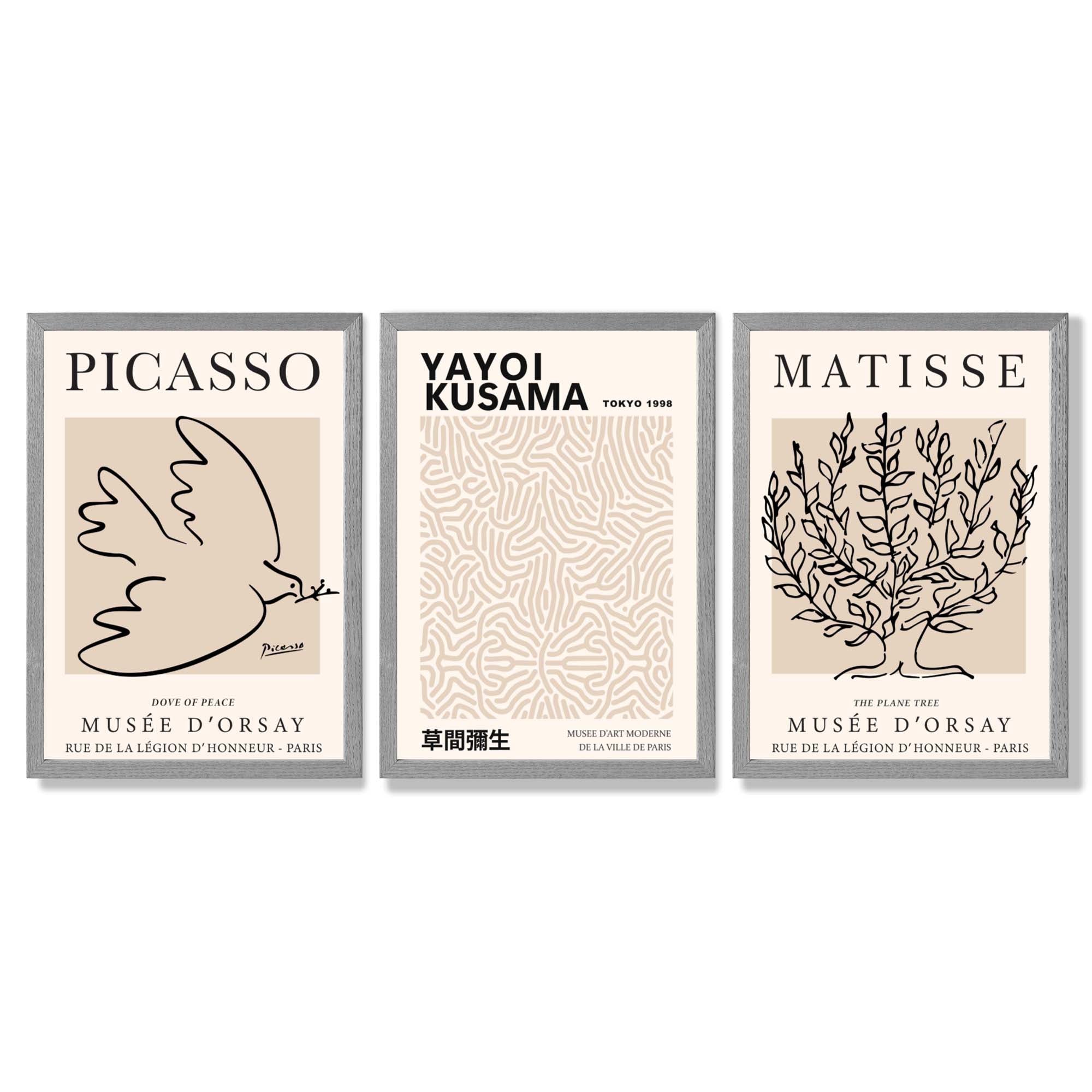 Set of 3 Picasso,Matisse and Yayoi Kusama Neutral Beige Framed Wall Art with Light Grey Wooden Frames