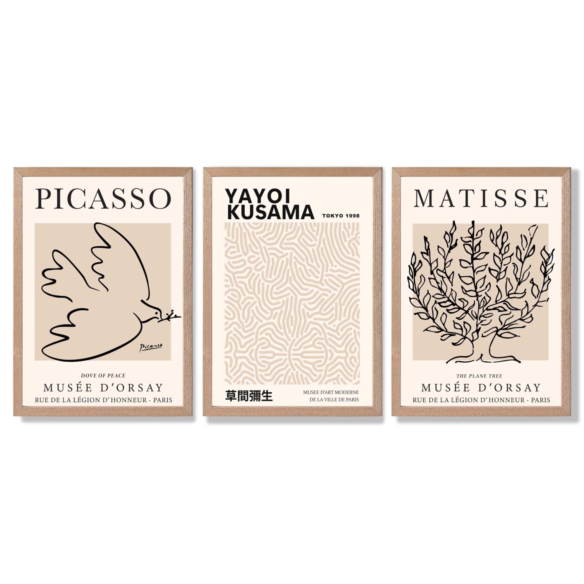 Set of 3 Picasso,Matisse and Yayoi Kusama Neutral Beige Framed Wall Art with Light Oak Frames