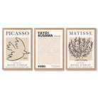 Set of 3 Picasso,Matisse and Yayoi Kusama Neutral Beige Framed Wall Art with Light Oak Frames