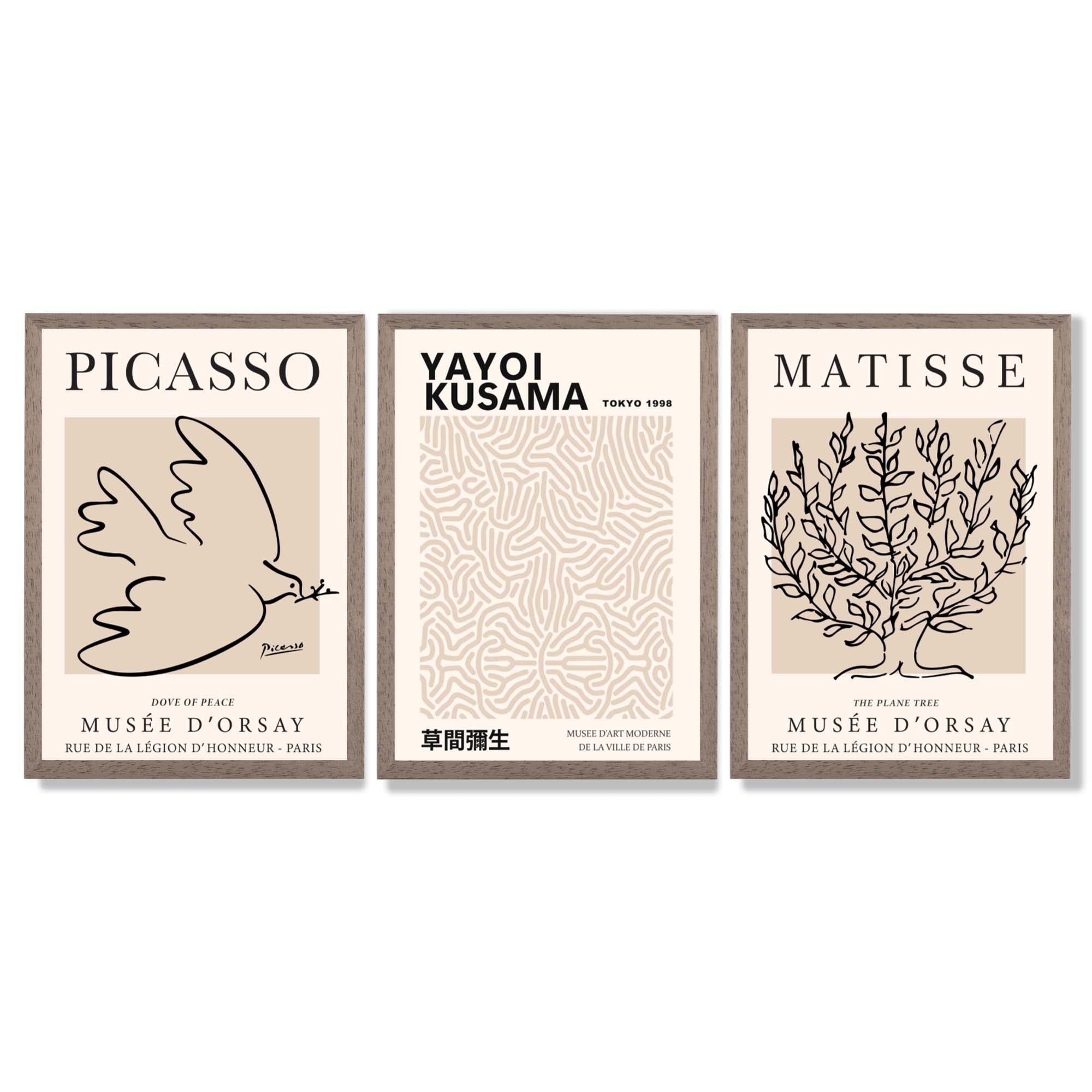 Set of 3 Picasso,Matisse and Yayoi Kusama Neutral Beige Framed Wall Art with Light Walnut Frames