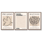 Set of 3 Picasso,Matisse and Yayoi Kusama Neutral Beige Framed Wall Art with Light Walnut Frames