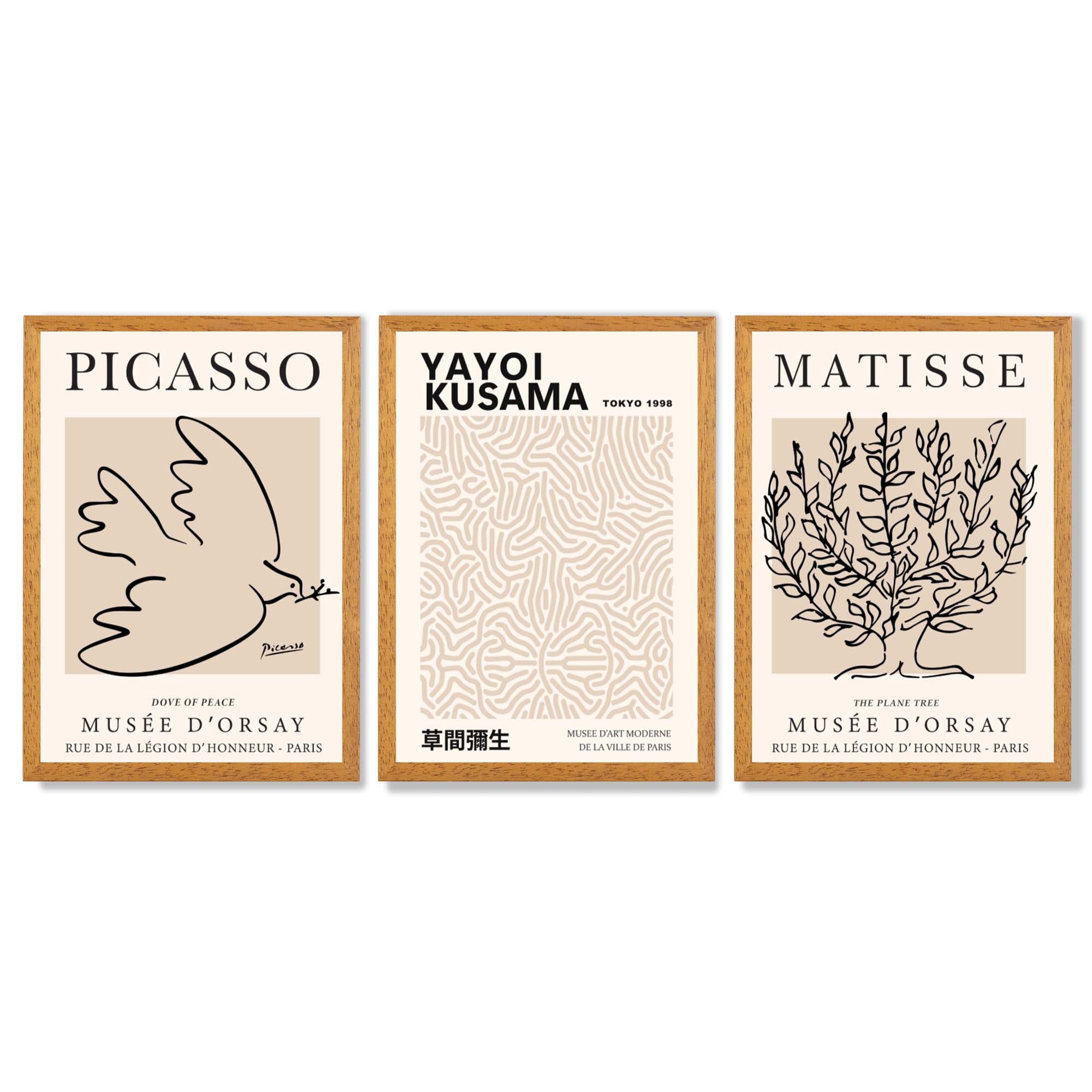 Set of 3 Picasso,Matisse and Yayoi Kusama Neutral Beige Framed Wall Art with Oak Wooden Frames