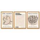 Set of 3 Picasso,Matisse and Yayoi Kusama Neutral Beige Framed Wall Art with Oak Wooden Frames