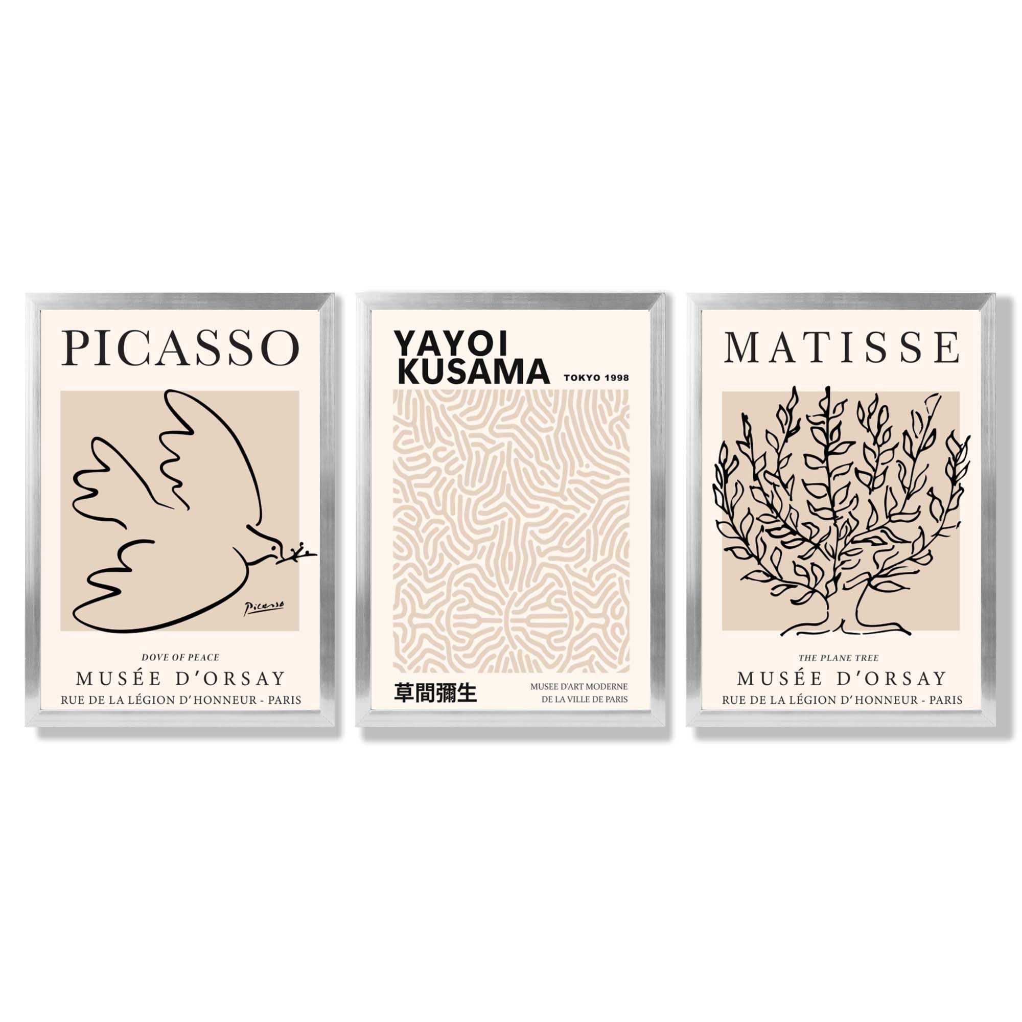 Set of 3 Picasso,Matisse and Yayoi Kusama Neutral Beige Framed Wall Art with Silver Wood Frames