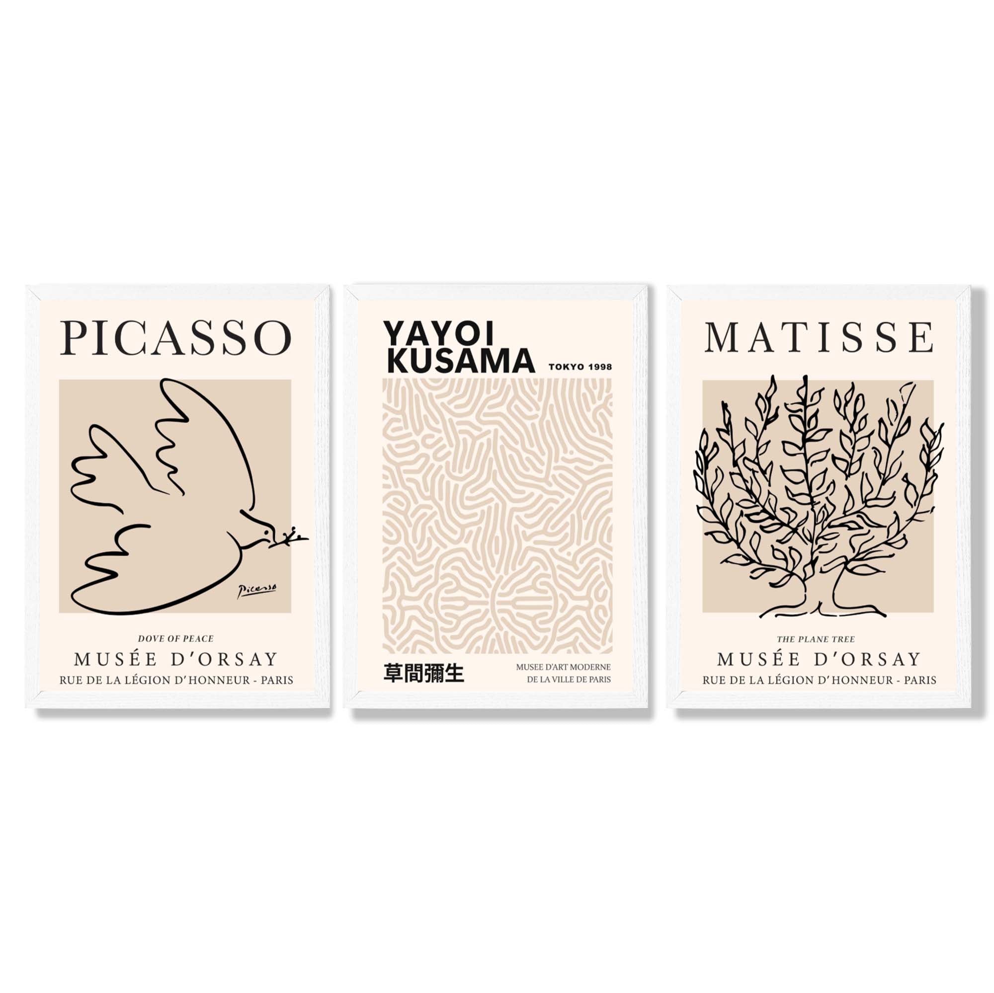 Set of 3 Picasso,Matisse and Yayoi Kusama Neutral Beige Framed Wall Art with White Wooden Frames