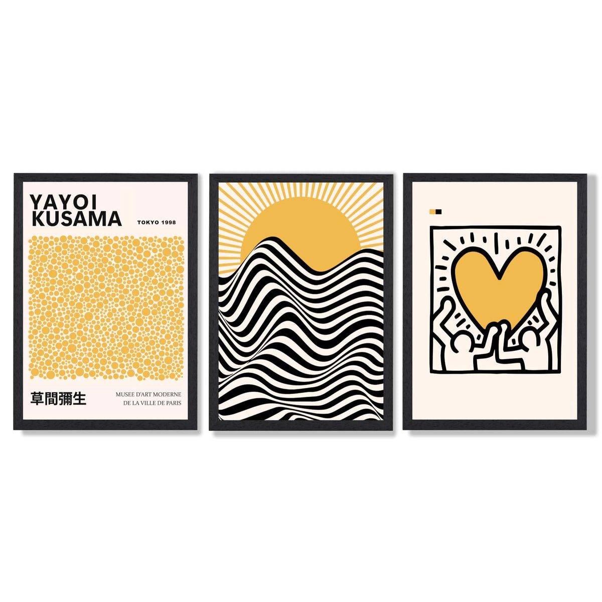 Set of 3 Yayoi Kusama, Bauhaus Yellow Framed Wall Art with Black Wooden Frames