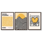 Set of 3 Yayoi Kusama, Bauhaus Yellow Framed Wall Art with Dark Wood Frames
