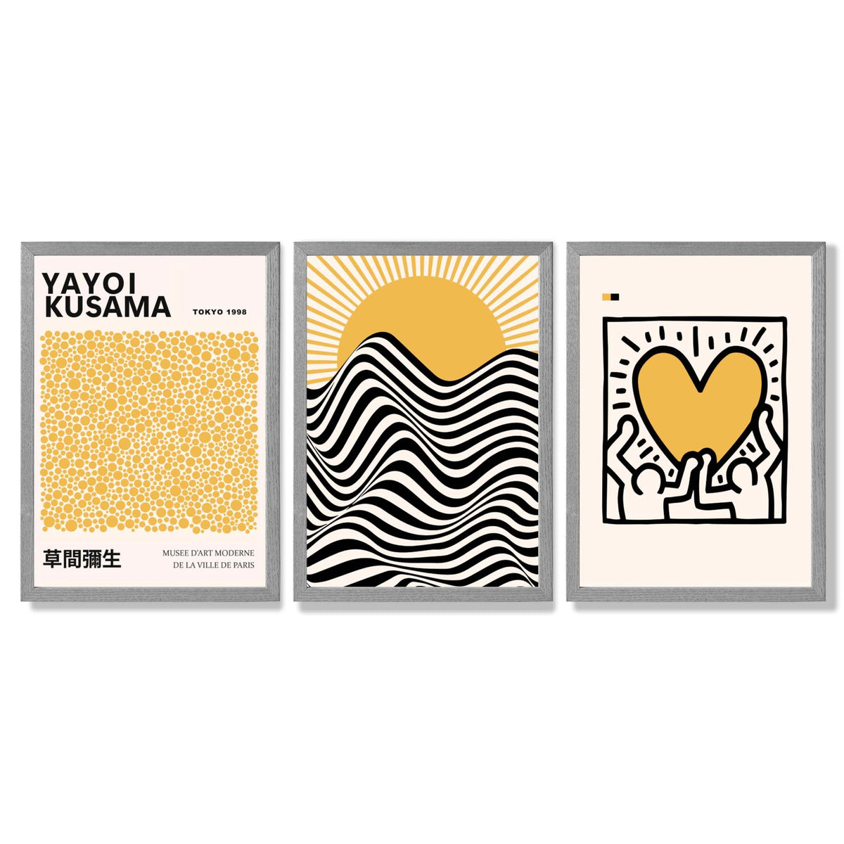 Set of 3 Yayoi Kusama, Bauhaus Yellow Framed Wall Art with Light Grey Wooden Frames