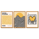 Set of 3 Yayoi Kusama, Bauhaus Yellow Framed Wall Art with Oak Wooden Frames