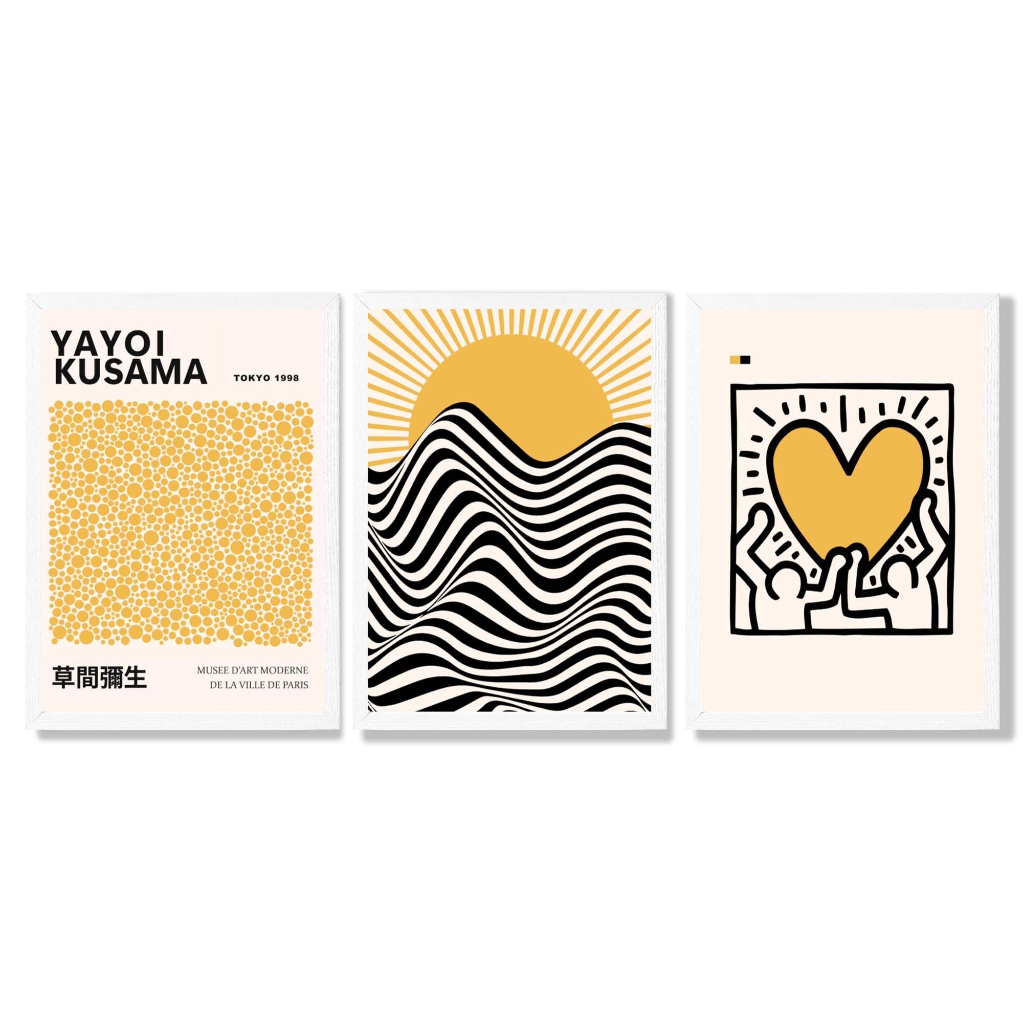 Set of 3 Yayoi Kusama, Bauhaus Yellow Framed Wall Art with White Wooden Frames