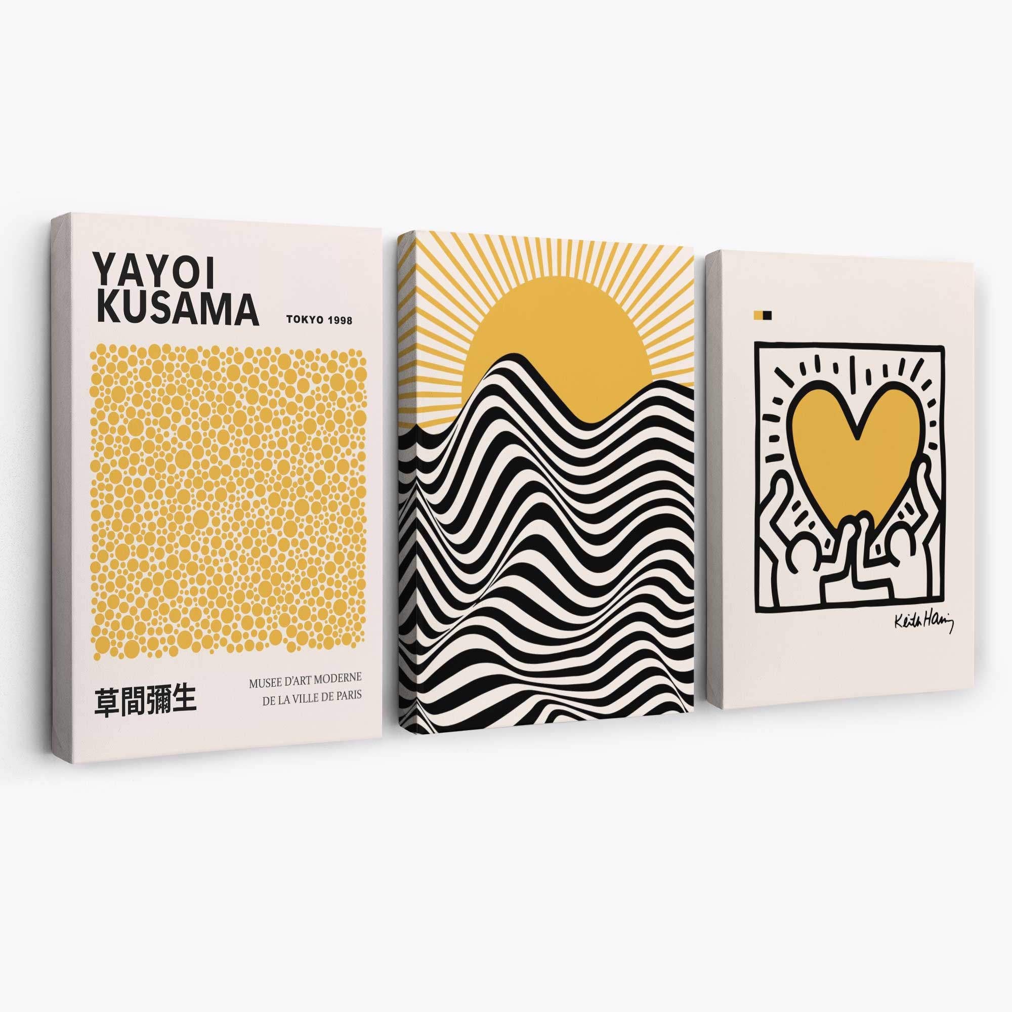 Set of 3 Yayoi Kusama, Keith Haring Yellow Canvas Prints | Artze Wall Art