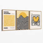 Set of 3 Yayoi Kusama, Keith Haring Yellow Canvas Prints with Oak Float Frame