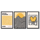 Set of 3 Yayoi Kusama, Keith Haring Yellow Framed Wall Art with Black Wooden Frames