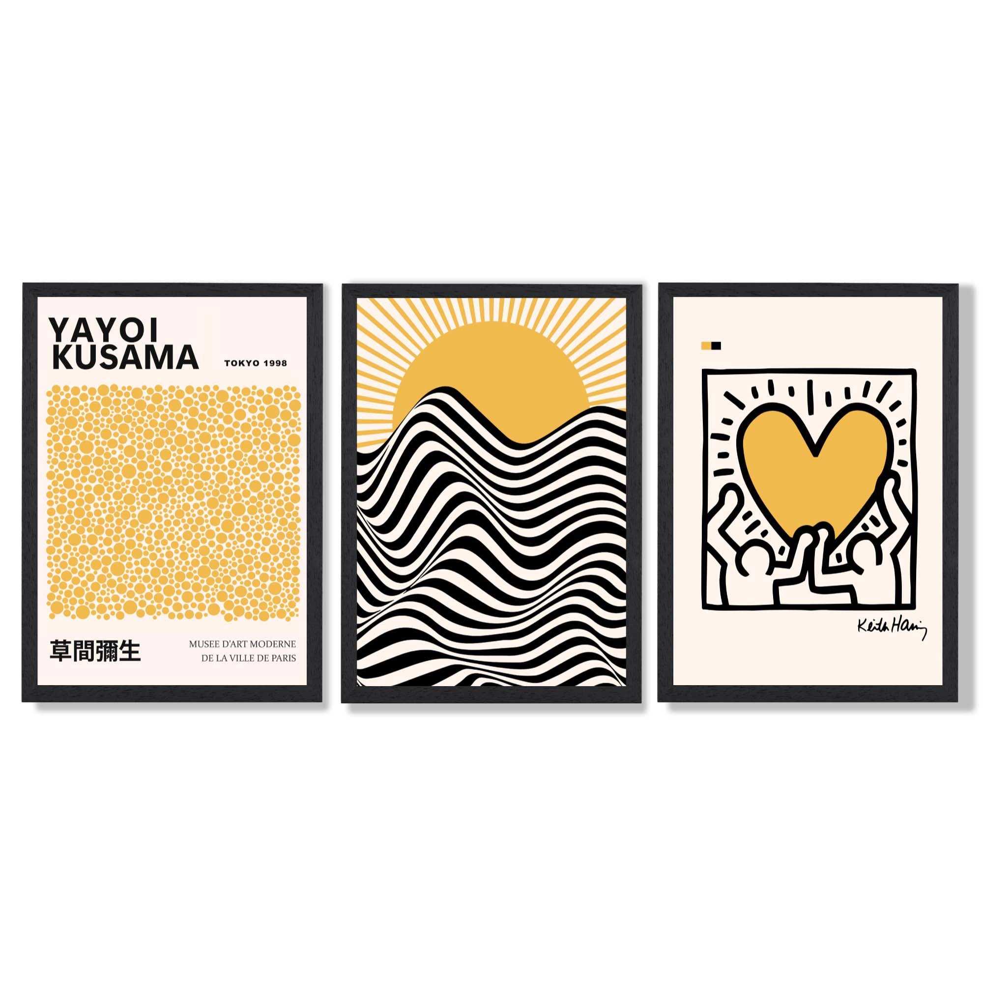 Set of 3 Yayoi Kusama, Keith Haring Yellow Framed Wall Art with Black Wooden Frames