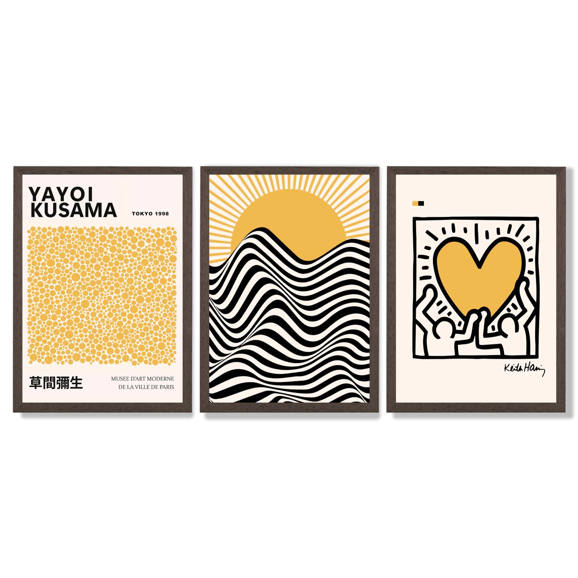 Set of 3 Yayoi Kusama, Keith Haring Yellow Framed Wall Art with Dark Wood Frames