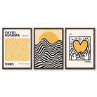 Set of 3 Yayoi Kusama, Keith Haring Yellow Framed Wall Art with Dark Wood Frames