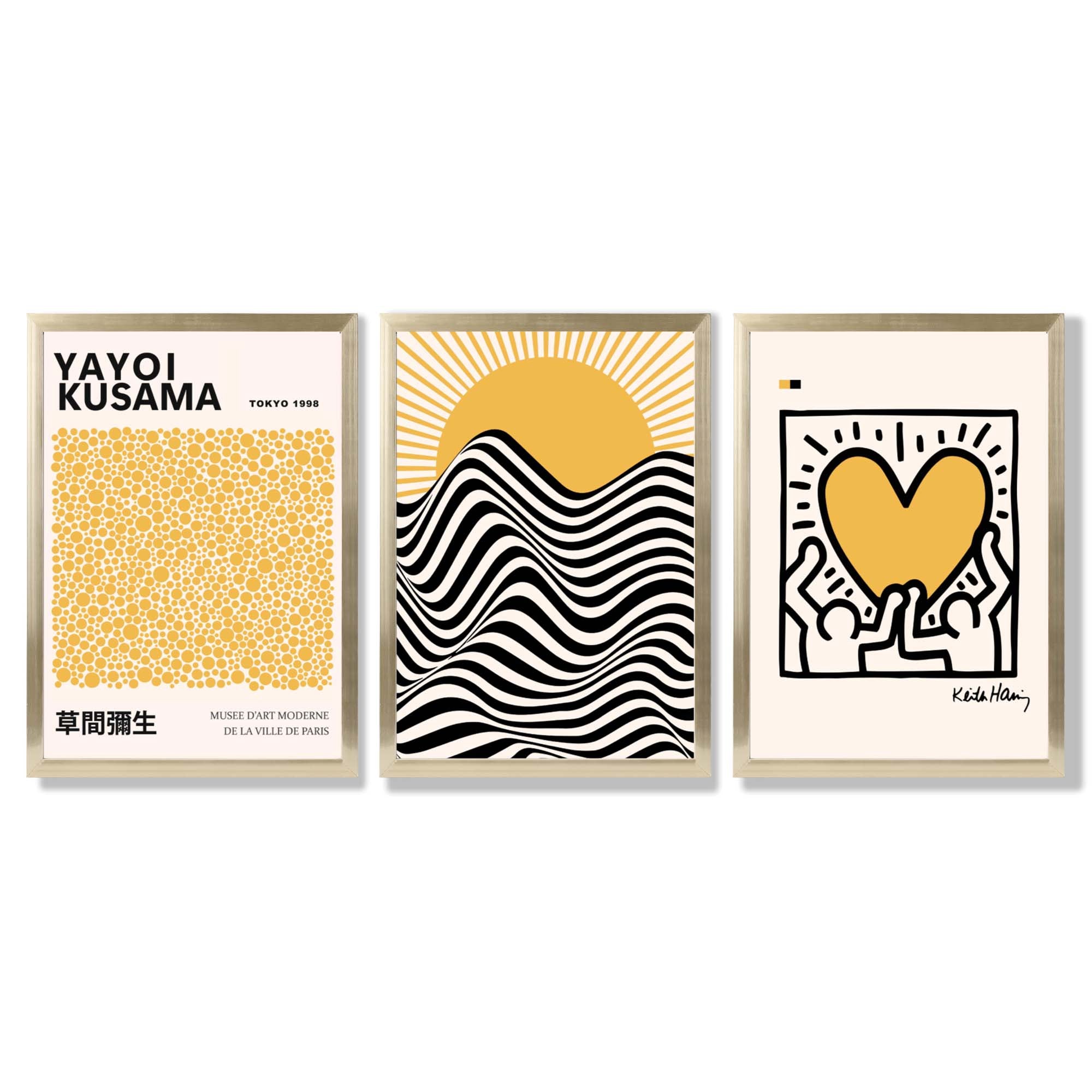 Set of 3 Yayoi Kusama, Keith Haring Yellow Framed Wall Art with Gold Wood Frames
