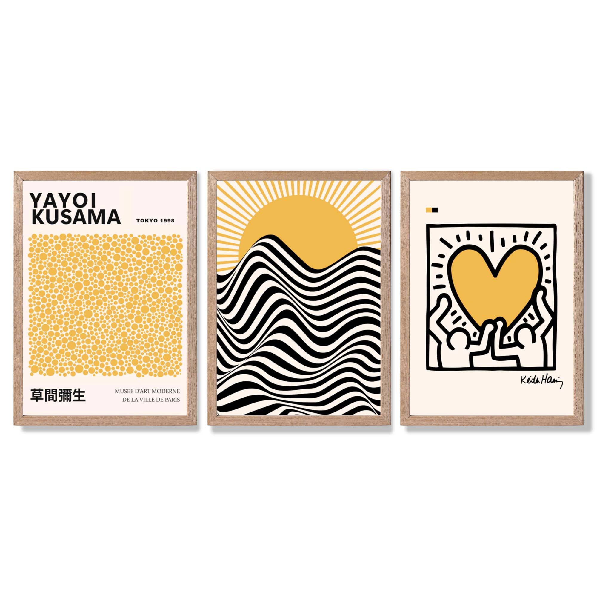 Set of 3 Yayoi Kusama, Keith Haring Yellow Framed Wall Art with Light Oak Frames