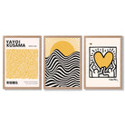 Set of 3 Yayoi Kusama, Keith Haring Yellow Framed Wall Art with Light Oak Frames