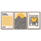 Set of 3 Yayoi Kusama, Keith Haring Yellow Framed Wall Art with Light Walnut Frames
