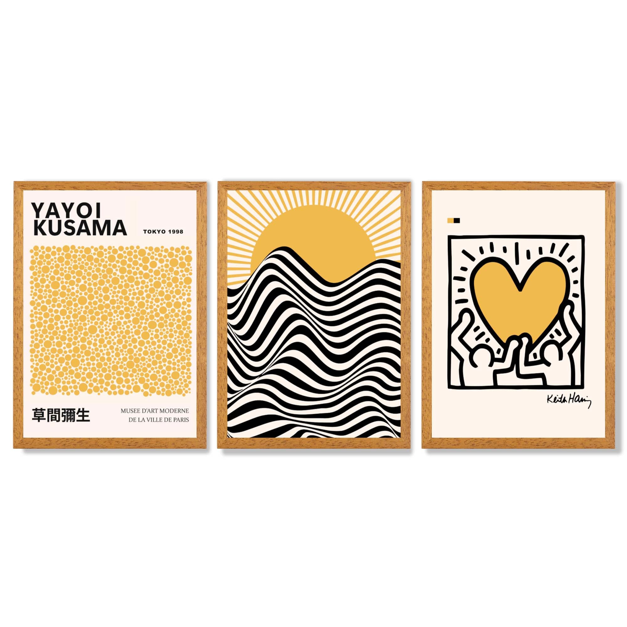 Set of 3 Yayoi Kusama, Keith Haring Yellow Framed Wall Art with Oak Wooden Frames