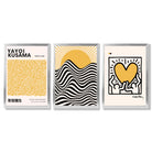Set of 3 Yayoi Kusama, Keith Haring Yellow Framed Wall Art with Silver Wood Frames
