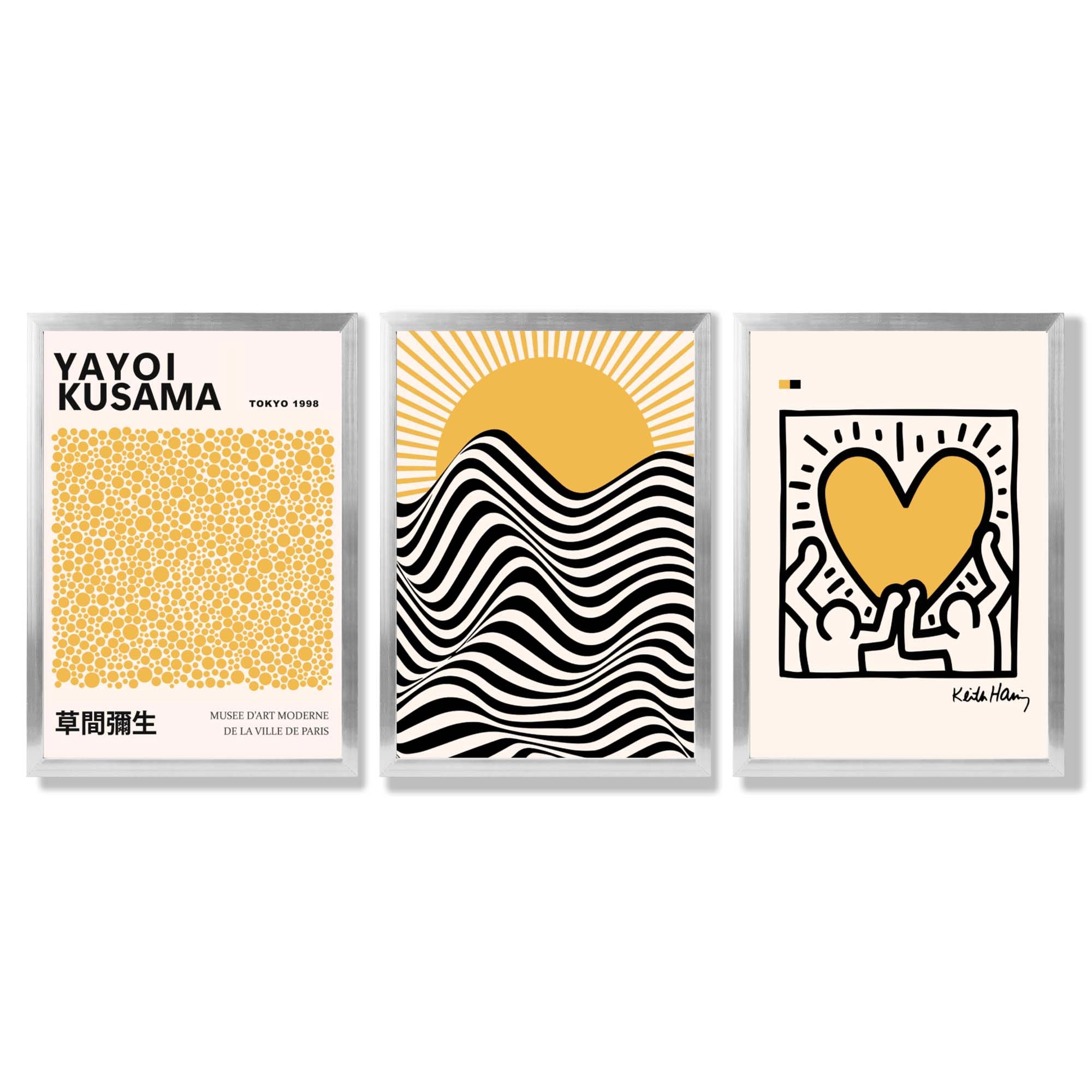 Set of 3 Yayoi Kusama, Keith Haring Yellow Framed Wall Art with Silver Wood Frames