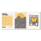 Set of 3 Yayoi Kusama, Keith Haring Yellow Framed Wall Art with White Wooden Frames