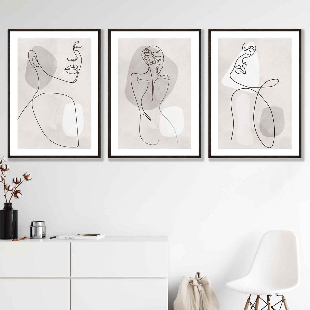 Grey & Beige Abstract Minimal Line Art Female Set of 3 Art Prints
