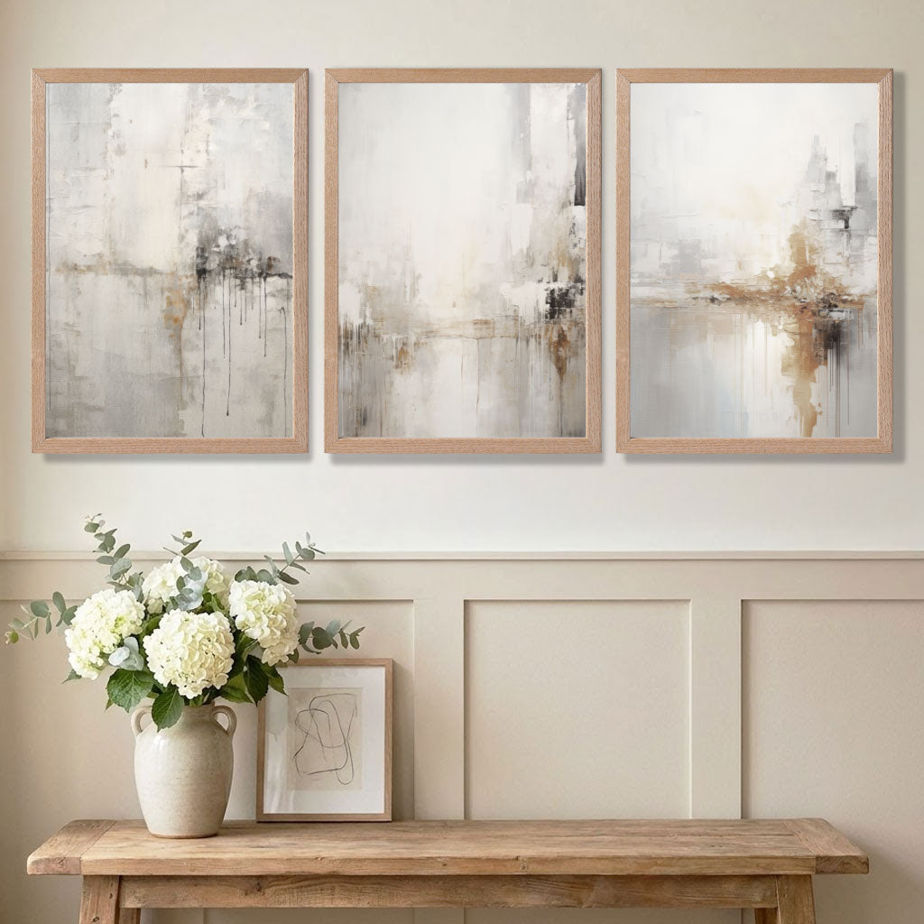 Stylish Interior with a  Set of 3 Minimal Abstract Neutral Greige Art Prints in Oak Frames | Artze UK