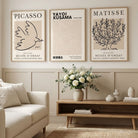 Stylish Living Room featuring a Set of 3 Picasso,Matisse and Yayoi Kusama Neutral Beige Art Prints in Oak Frames | Artze UK
