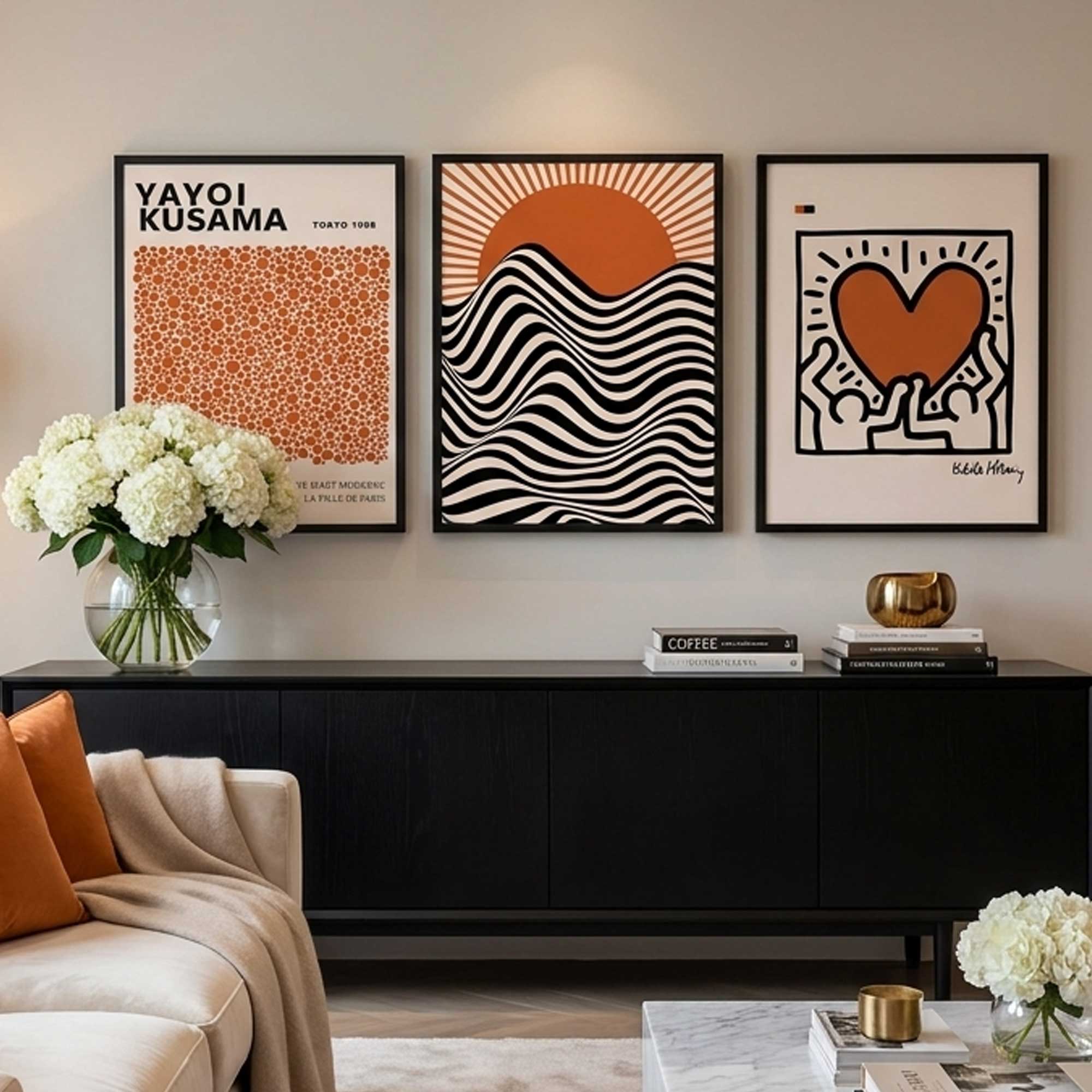 Yayoi Kusama Orange Bubbles Art Print with Bauhaus and Keith Haring in a minimalist modern living room