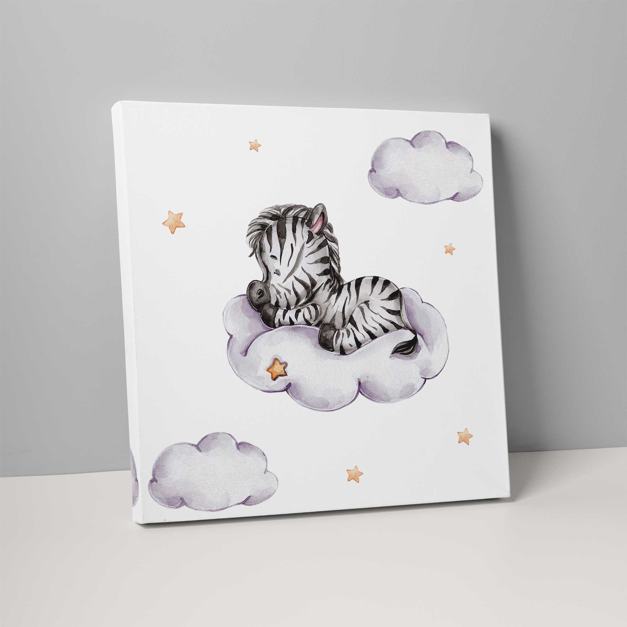 Cute Watercolour Zebra on Cloud Nursery Print on Canvas