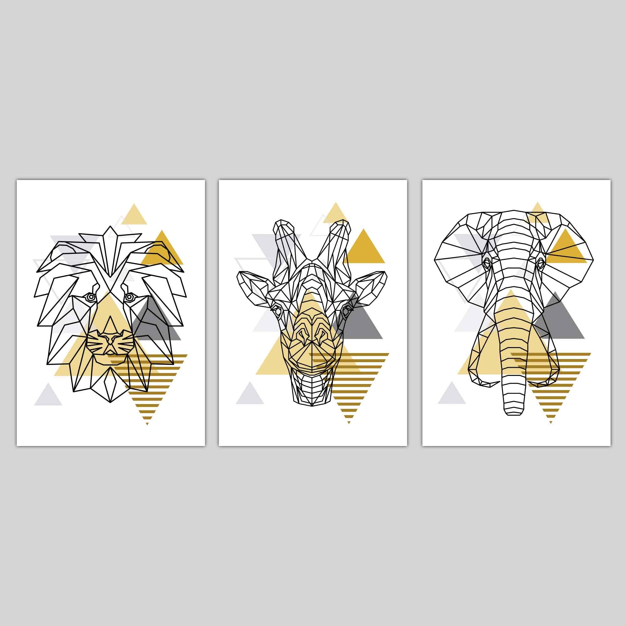 Set of 3 Geometric Elephant Lion Giraffe Heads Line Art Prints