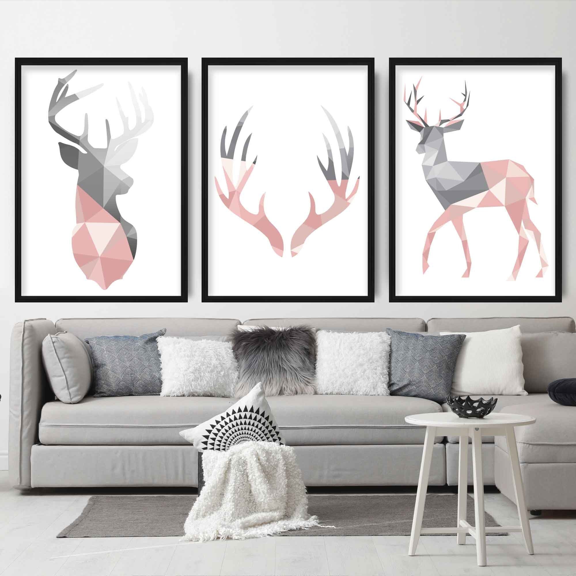 GEOMETRIC set of 3 Blush PINK & Grey Art Prints STAG Antler Gallery Wall Pictures Posters Artwork ArtzeUK