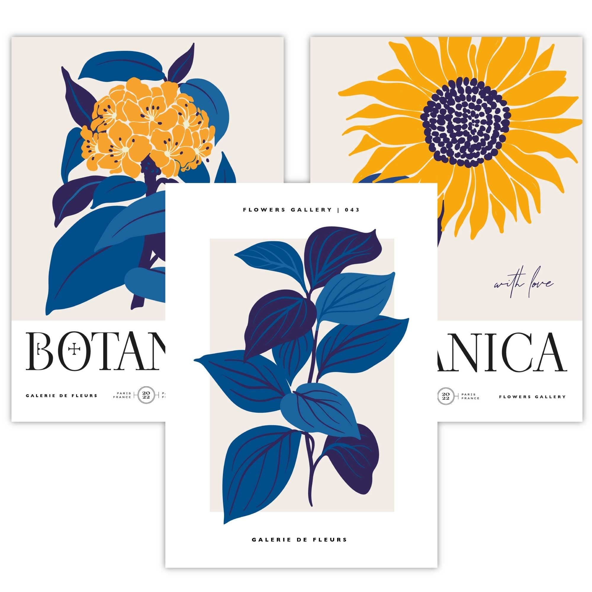 Set of 3 Navy Blue Flower Market Prints, Boho Floral Prints, Botanical Wall Decor, Sunflower, Blue and Yellow Vintage Floral Wall Art Prints