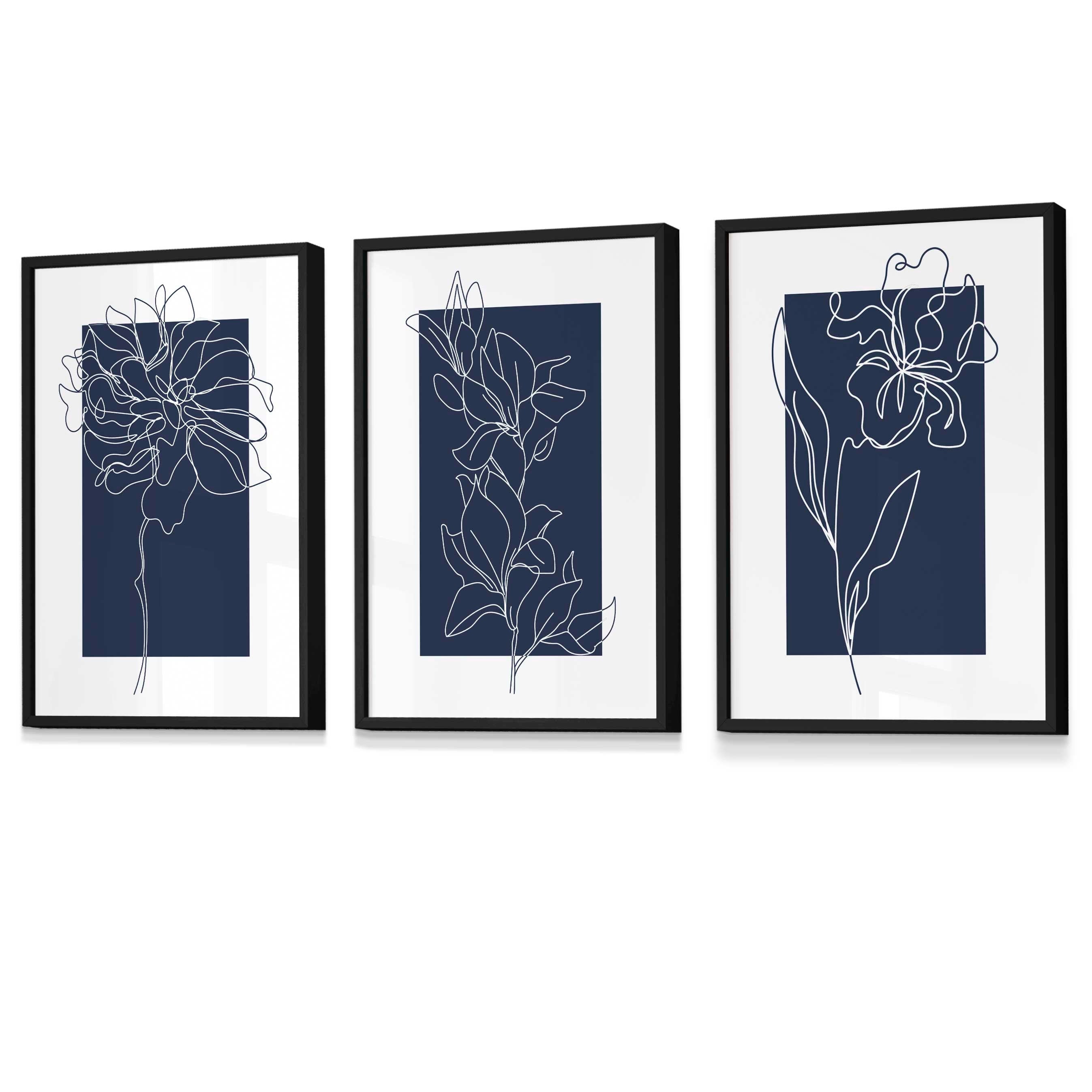 Blue Wall Prints, Set of 3 Prints, Botanical Wall Prints, Plant Wall Art, Botanical Line Art, Blue Home Decor, Hand Drawn Flowers Navy Blue