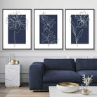 Blue Wall Prints, Set of 3 Prints, Botanical Wall Prints, Plant Wall Art, Botanical Line Art, Blue Home Decor, Hand Drawn Flowers Navy Blue