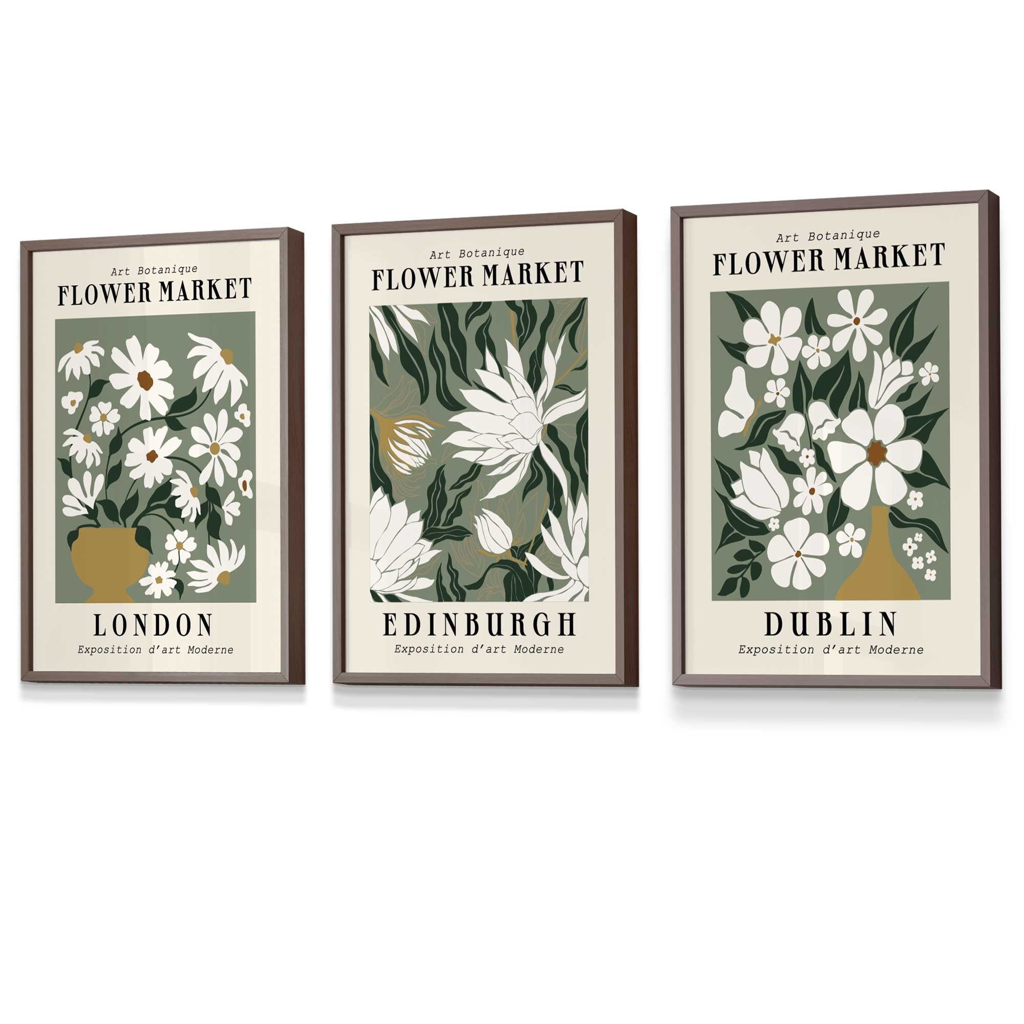 Flower Market Prints in Green, FRAMED Set of 3 with Flowers of London, Edinburgh, Dublin | Artze Wall Art UK