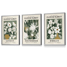 Flower Market Prints in Green, FRAMED Set of 3 with Flowers of London, Edinburgh, Dublin | Artze Wall Art UK