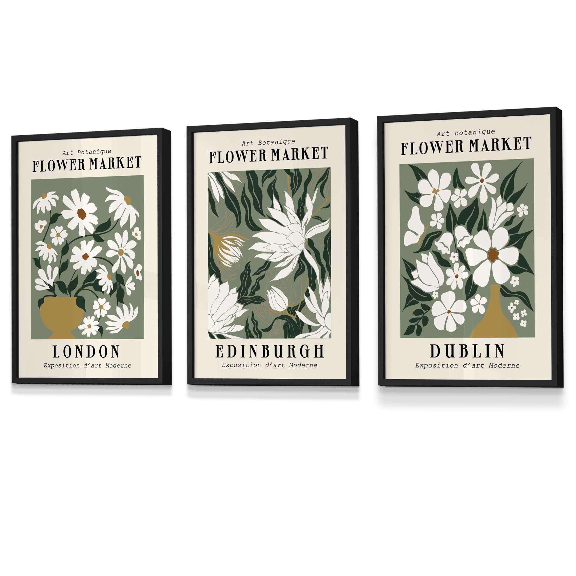Flower Market Prints in Green, FRAMED Set of 3 with Flowers of London, Edinburgh, Dublin, Exhibition Posters, Wall Art