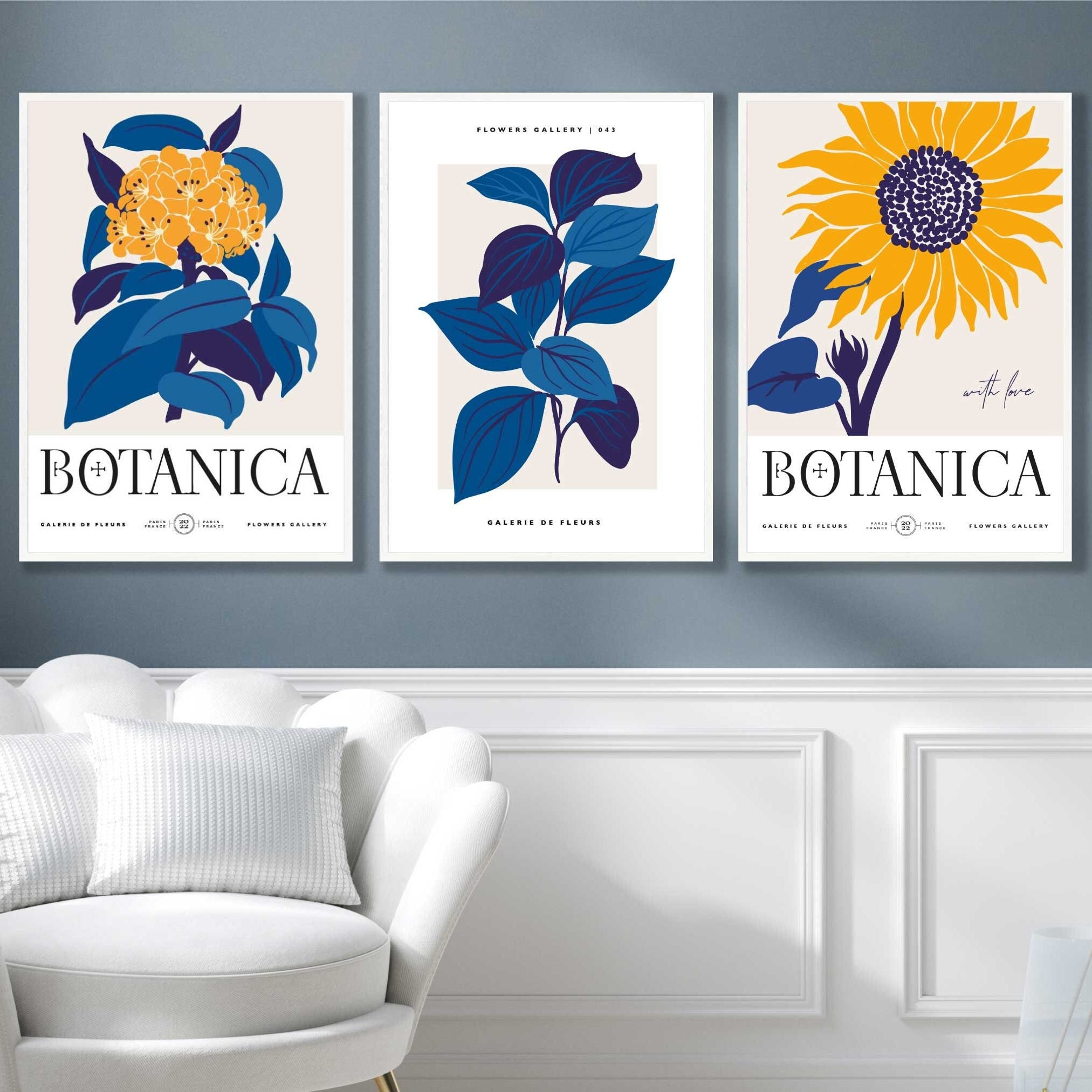 Set of 3 Sunflower, Blue and Yellow Vintage Floral Wall Art Prints