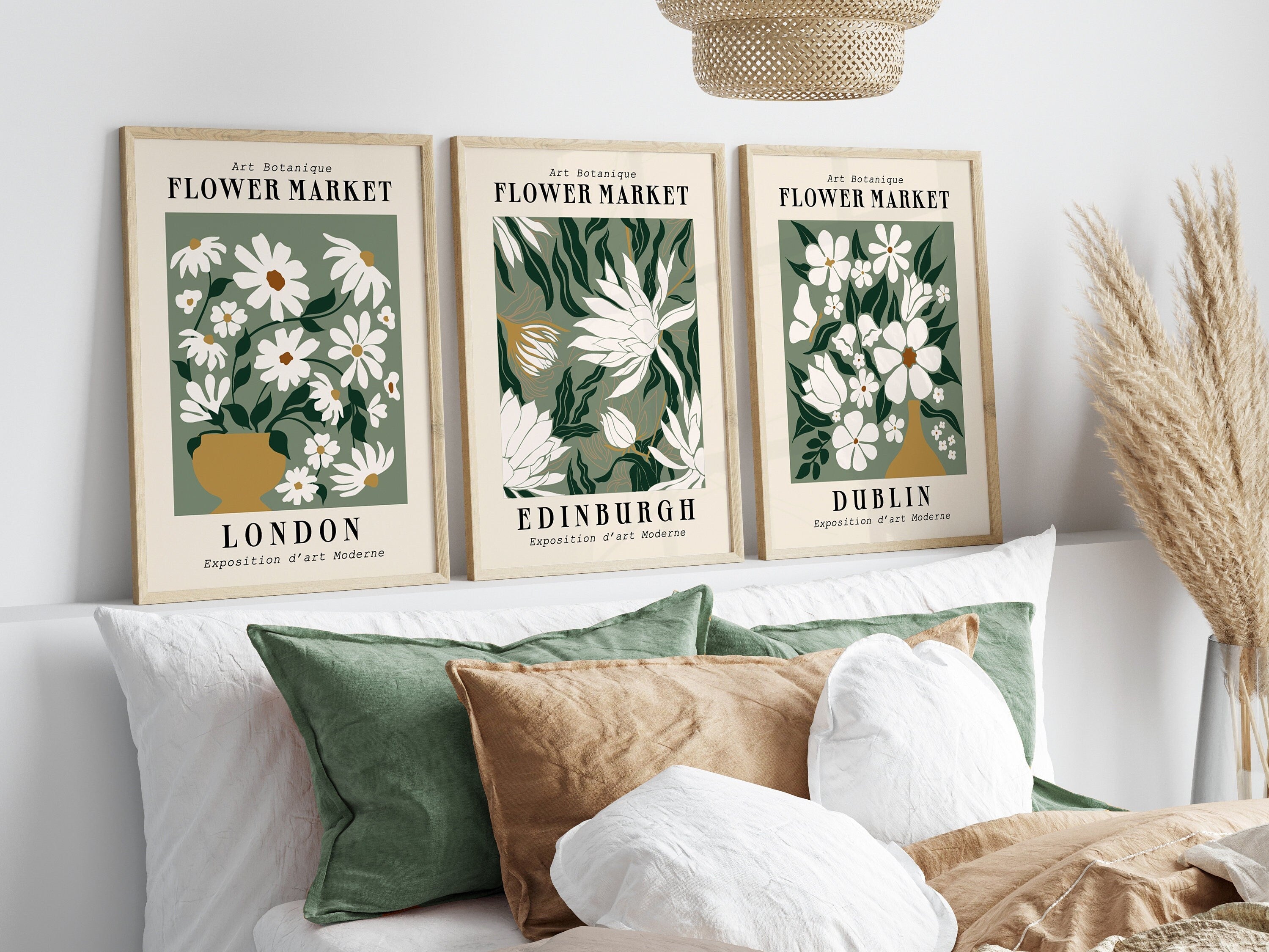 Flower Market Prints in Green, FRAMED Set of 3 with Flowers of London, Edinburgh, Dublin | Artze Wall Art UK