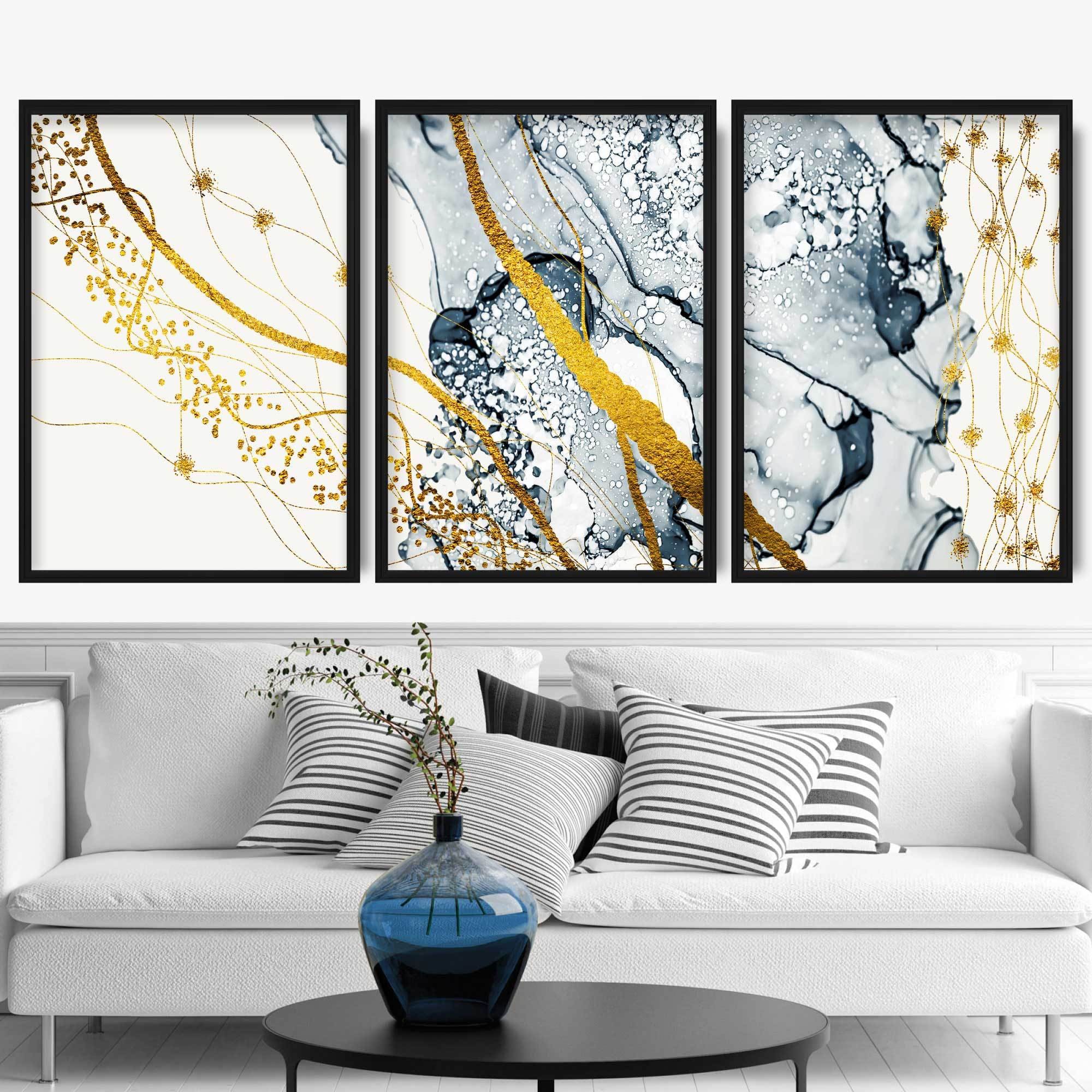 Set of 3 Navy & Yellow Gold Abstract Art Prints