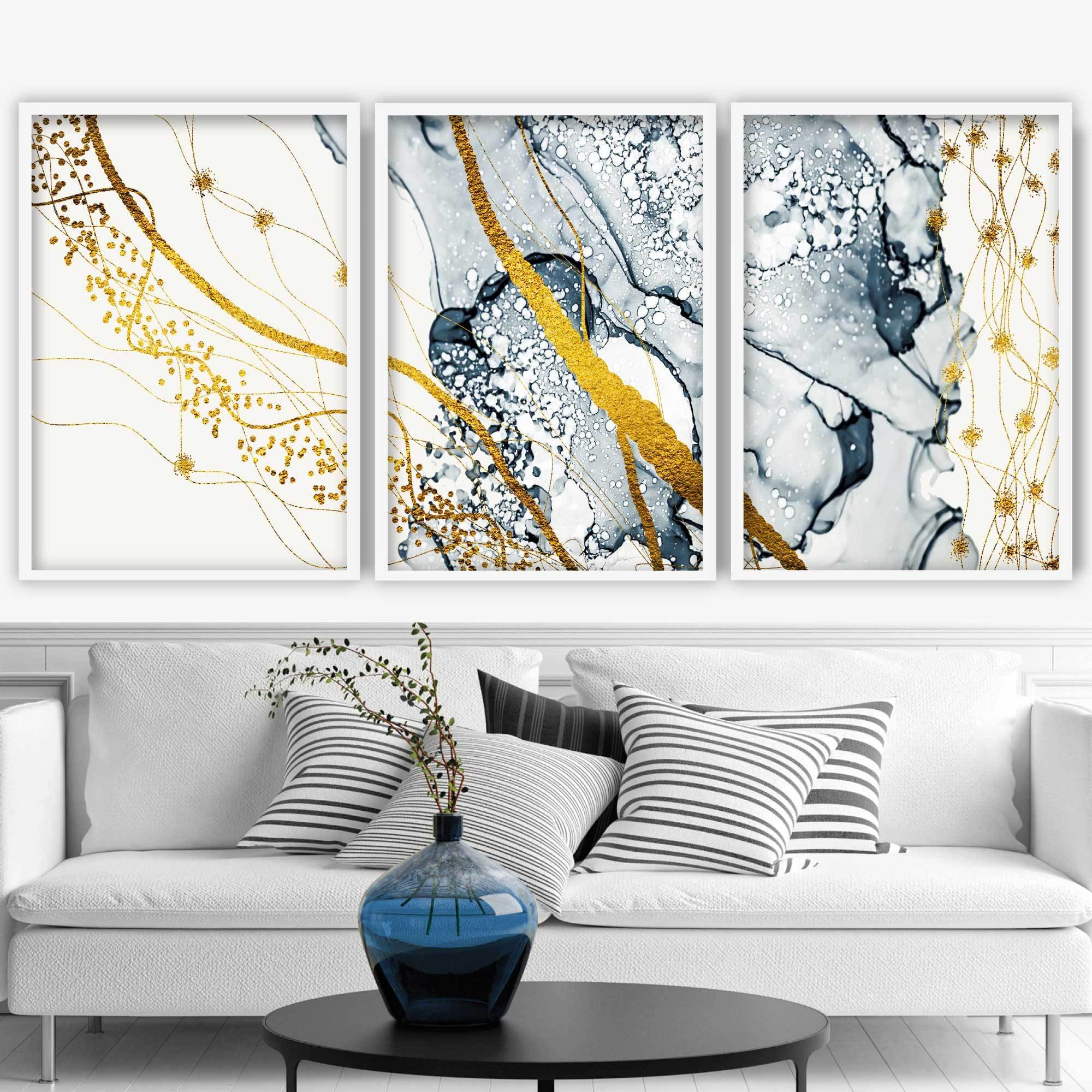 Set of 3 Navy & Yellow Gold Abstract Art Prints