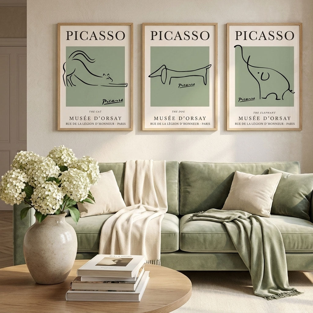 set of 3 minimal picasso line art prints in sage green in a neutral lounge with a sage green sofa and a large vase with white hydrangeas