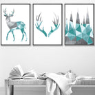 GEOMETRIC set of 3 Aqua Blue & Grey STAG Antlers and Forest Art Prints